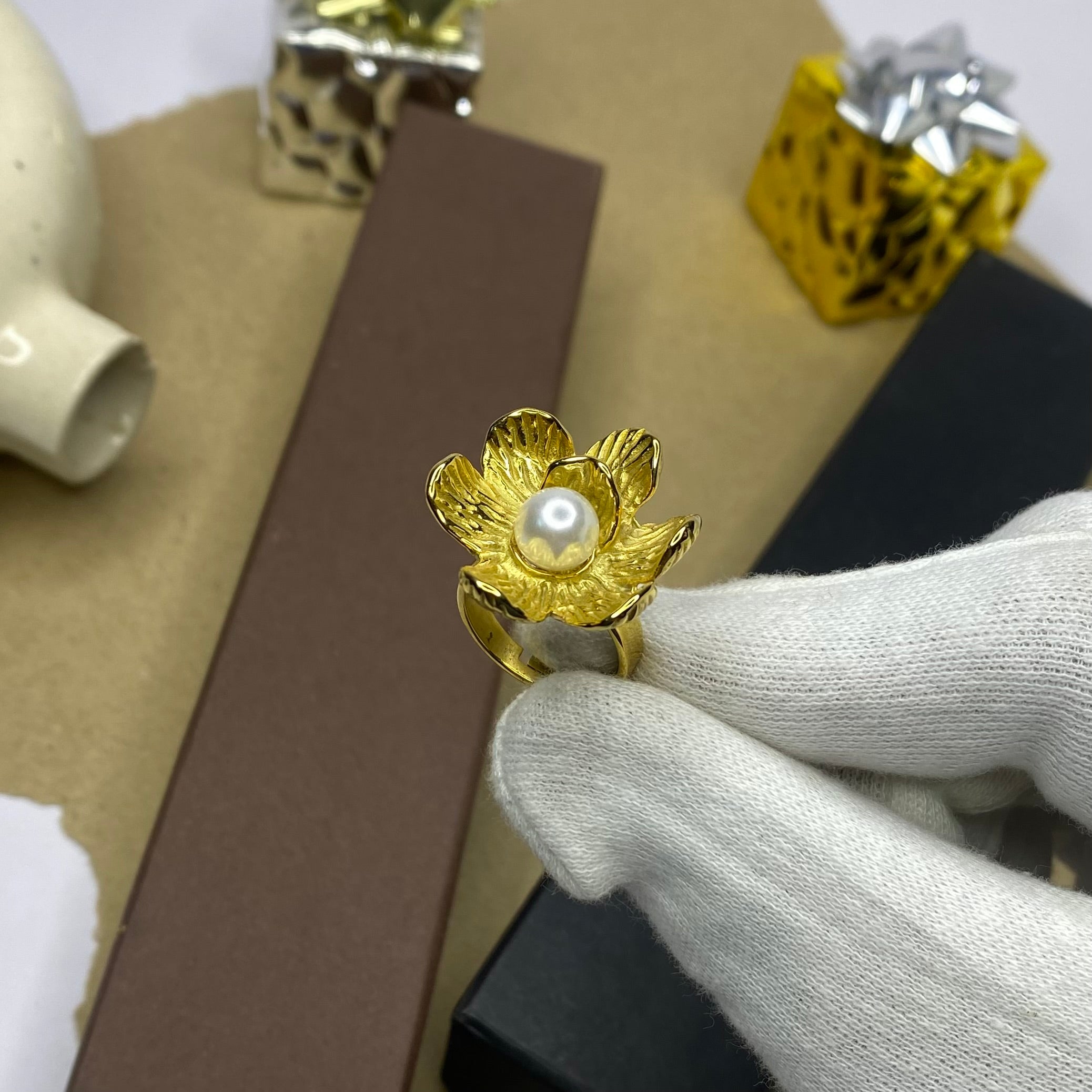 Golden Bloom Pearl Adjustable Ring
