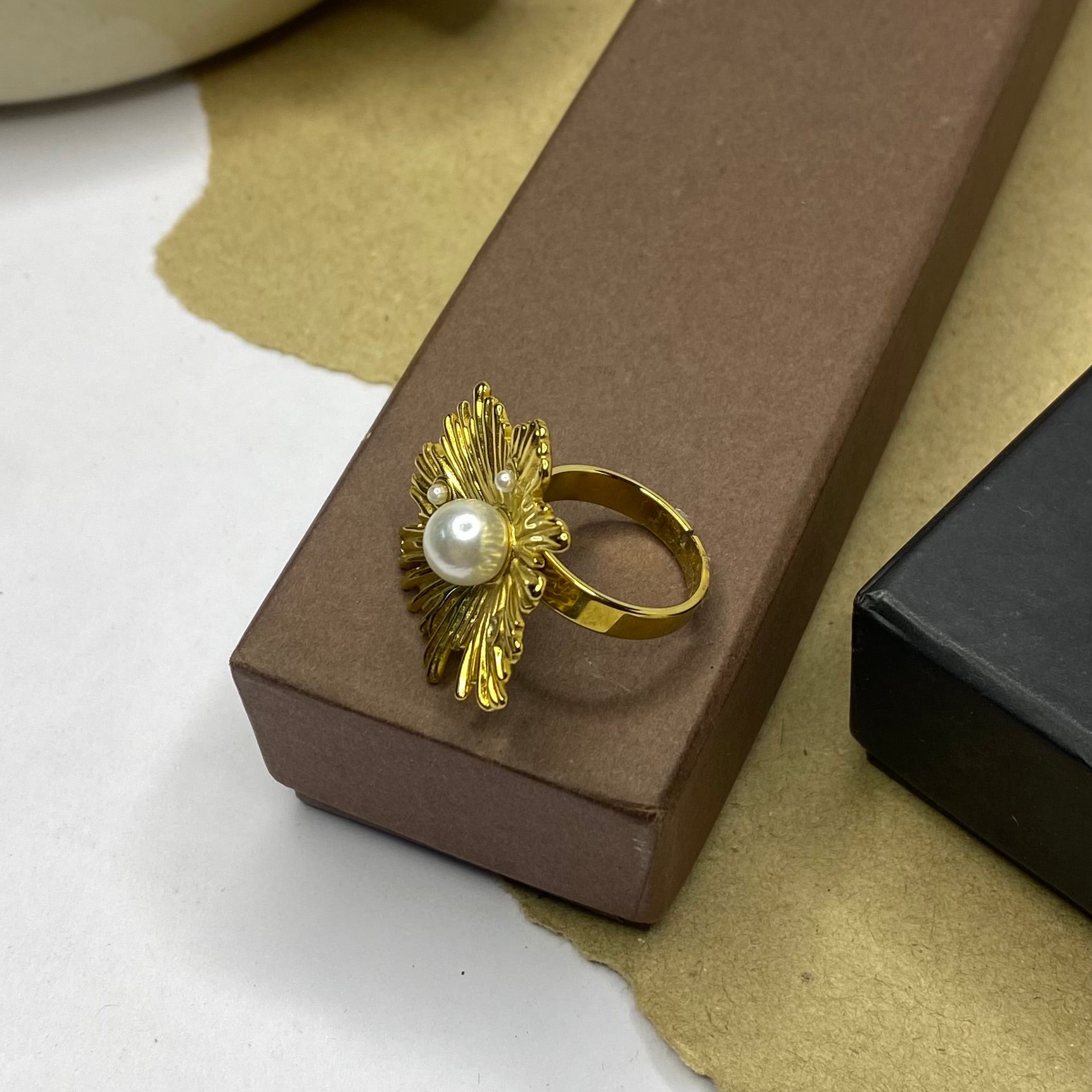 Golden Floral Pearl Adjustable Ring