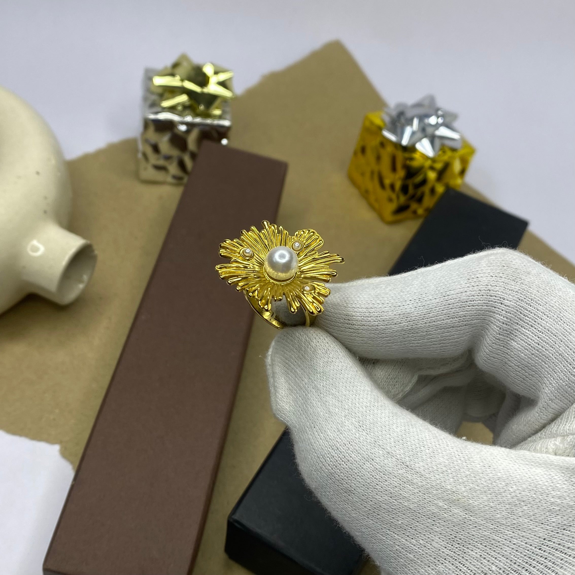 Golden Floral Pearl Adjustable Ring