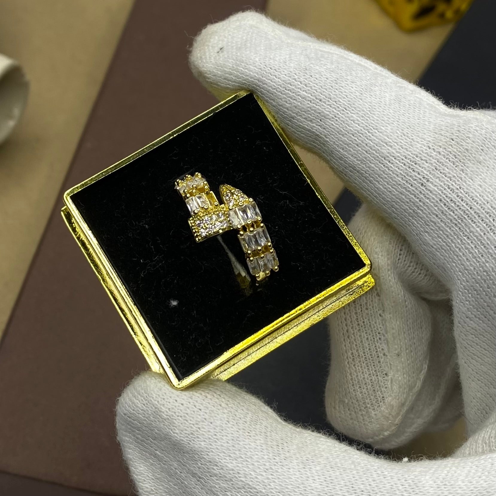 18K Gold Plated T-Bar Crystal Statement Ring