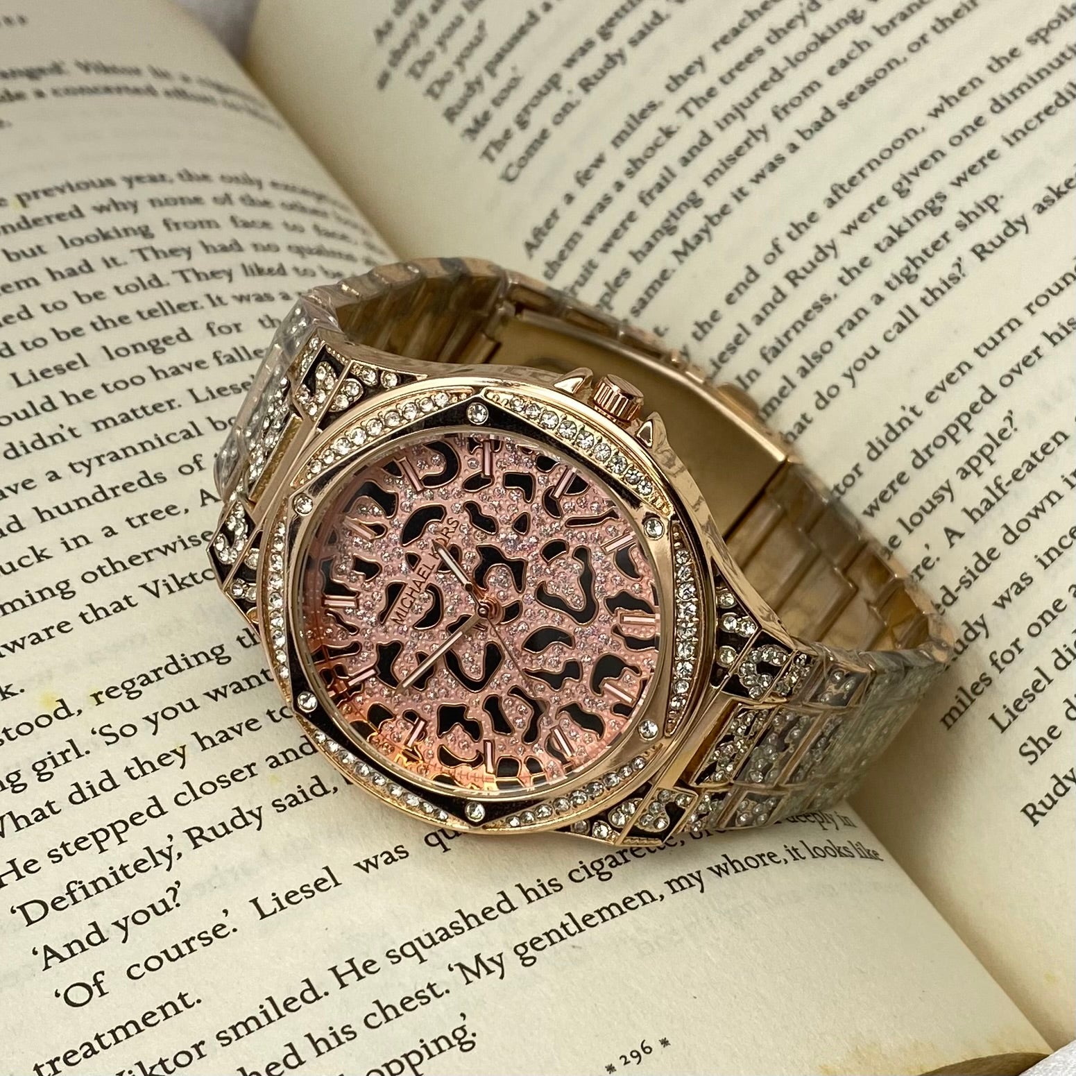Oversized Lennox Animal Pavé Rose Gold Tone Watch (MK7334)