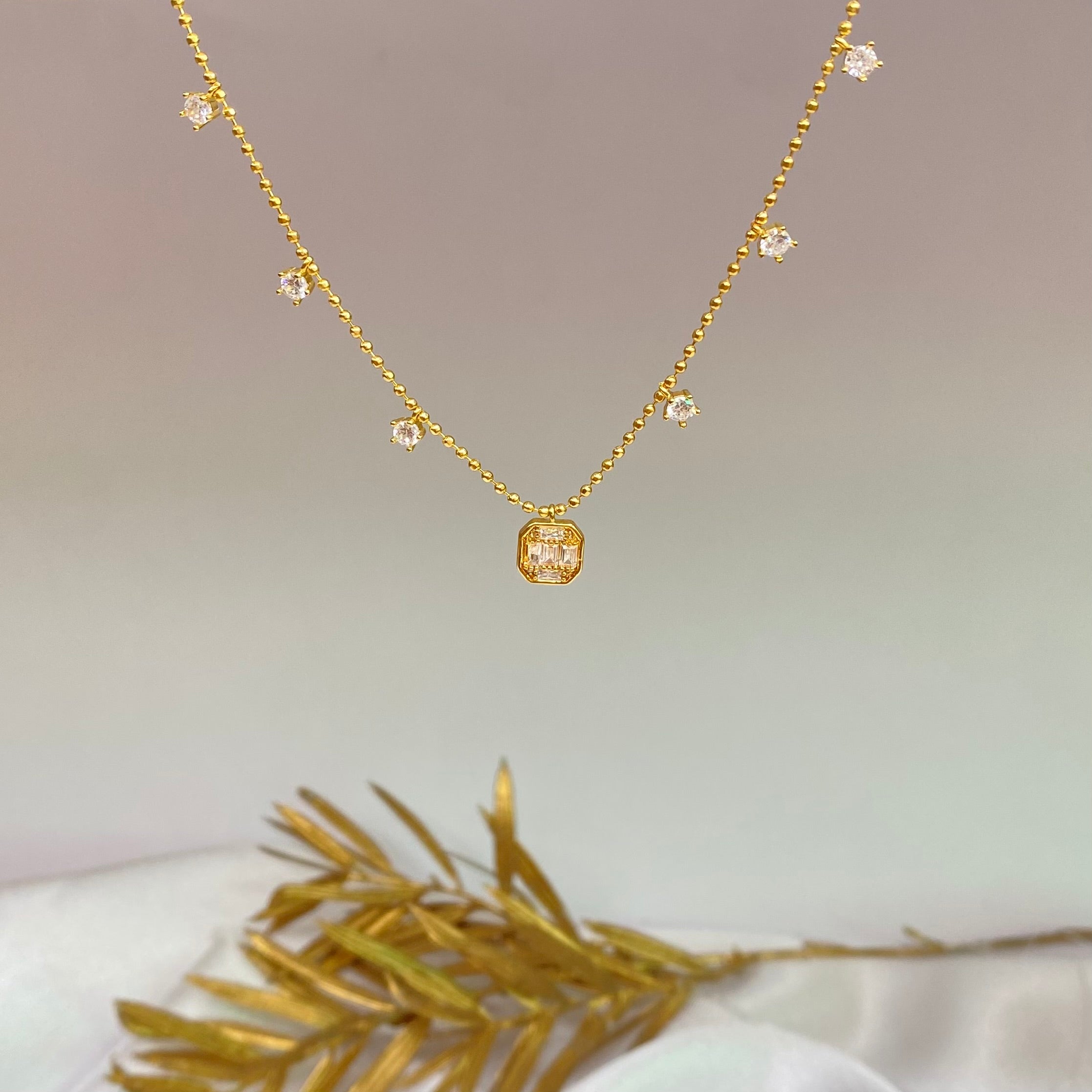 Emerald-Cut Zirconia Ball Chain Neckcain