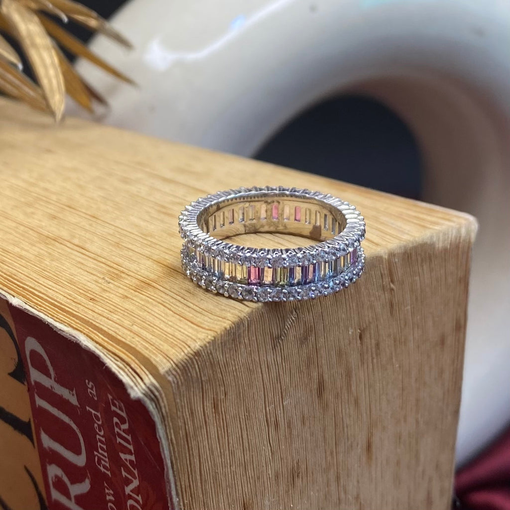925 Sterling Silver Rainbow Baguette Eternity Ring