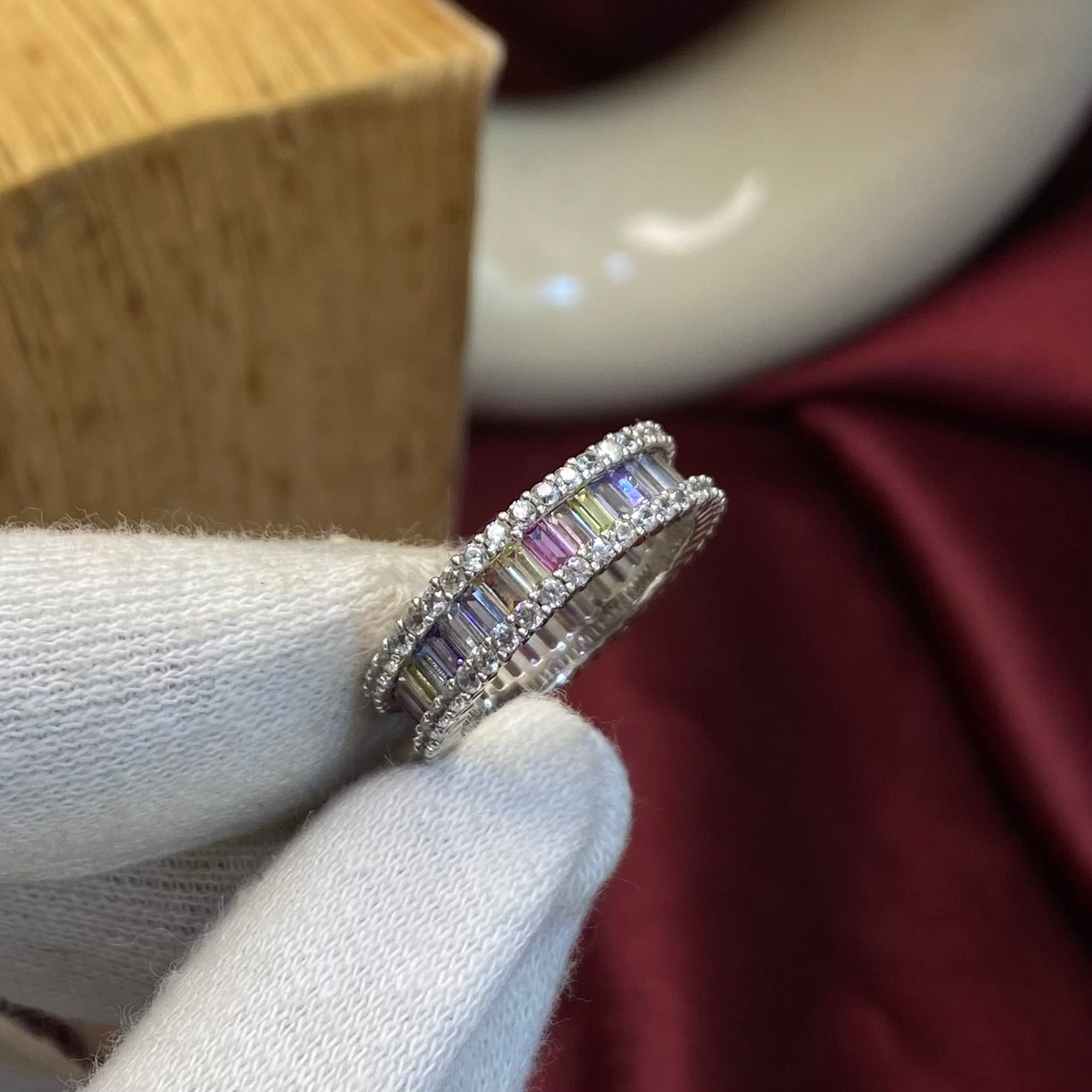 925 Sterling Silver Rainbow Baguette Eternity Ring
