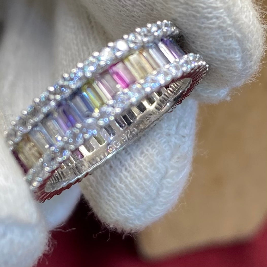 925 Sterling Silver Rainbow Baguette Eternity Ring