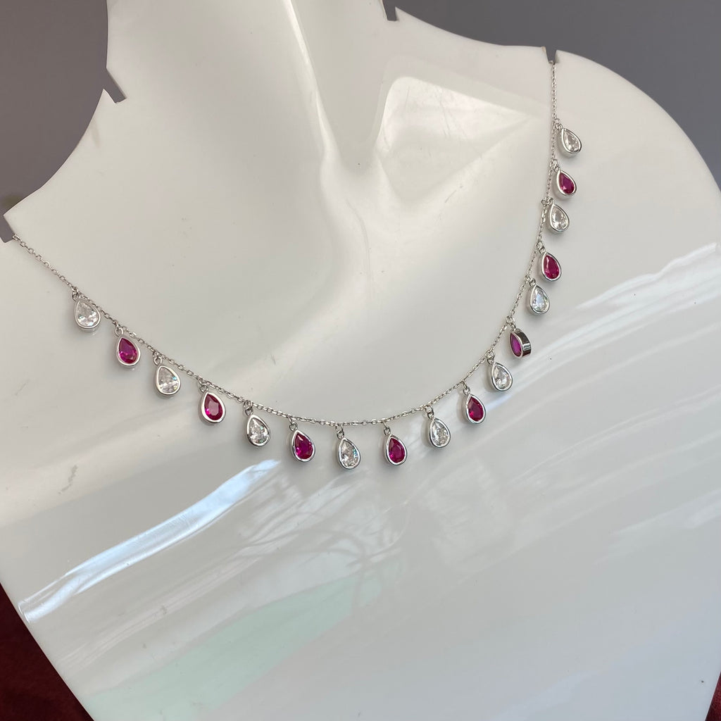 925 Sterling Silver Ruby & Crystal Teardrop Fringe Necklace
