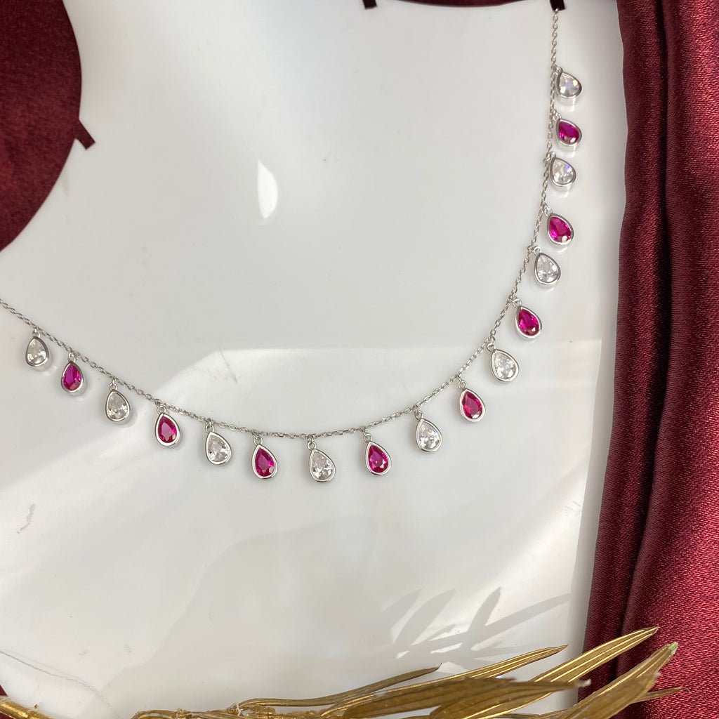 925 Sterling Silver Ruby & Crystal Teardrop Fringe Necklace
