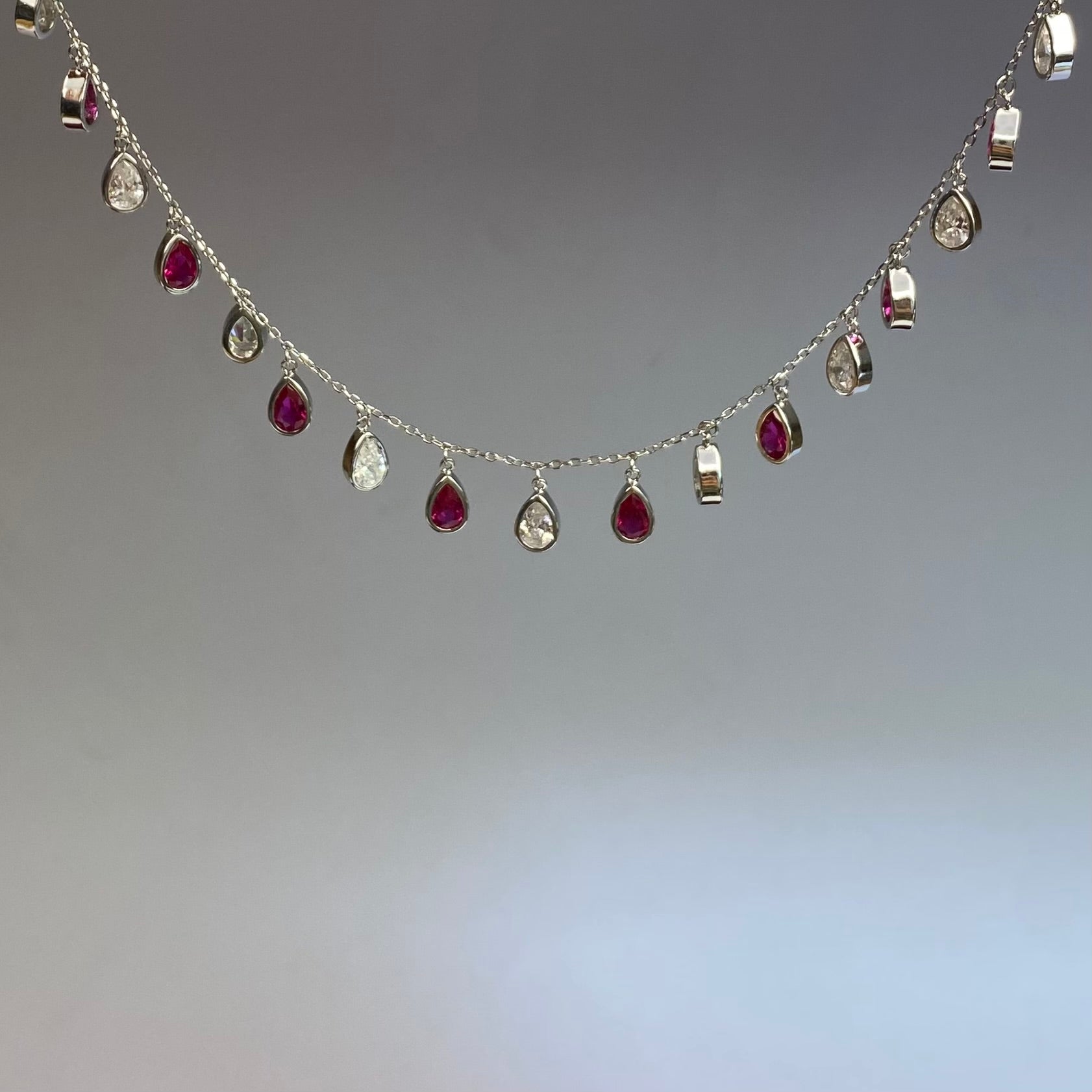 925 Sterling Silver Ruby & Crystal Teardrop Fringe Necklace