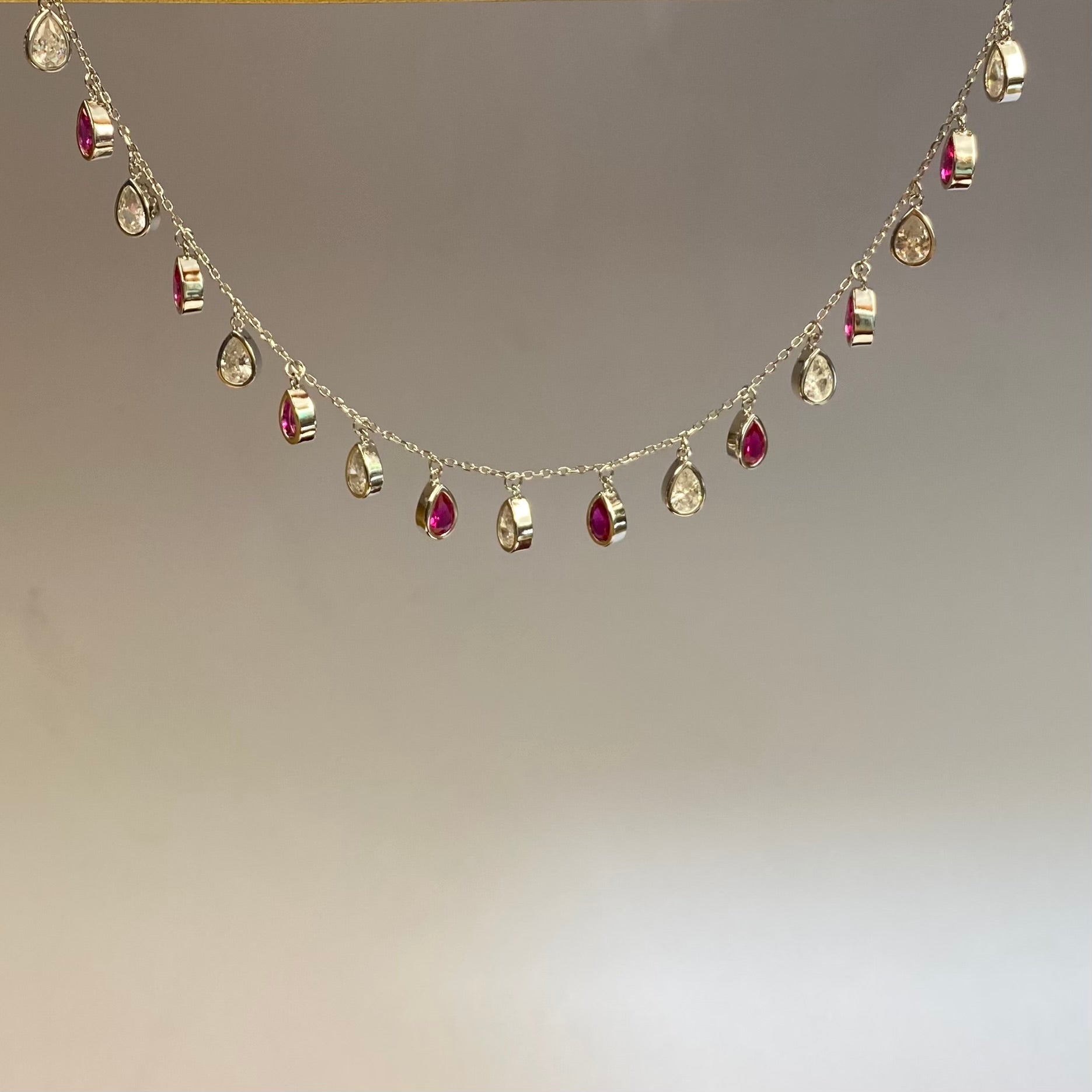 925 Sterling Silver Ruby & Crystal Teardrop Fringe Necklace
