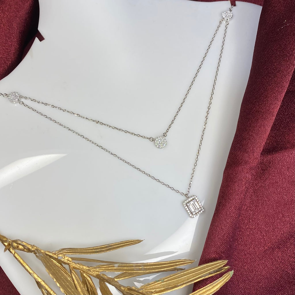 925 Sterling Silver Double Chain Sparkling Geometric Necklace