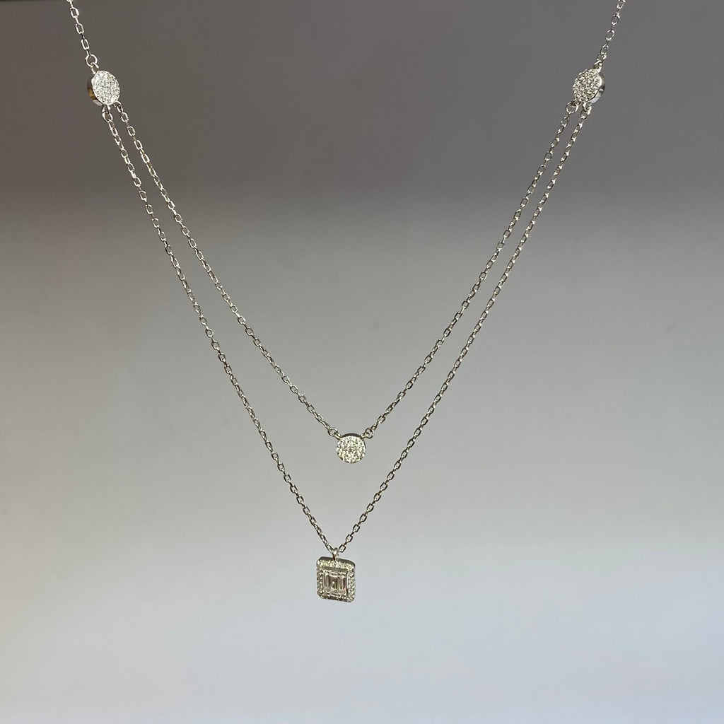 925 Sterling Silver Double Chain Sparkling Geometric Necklace