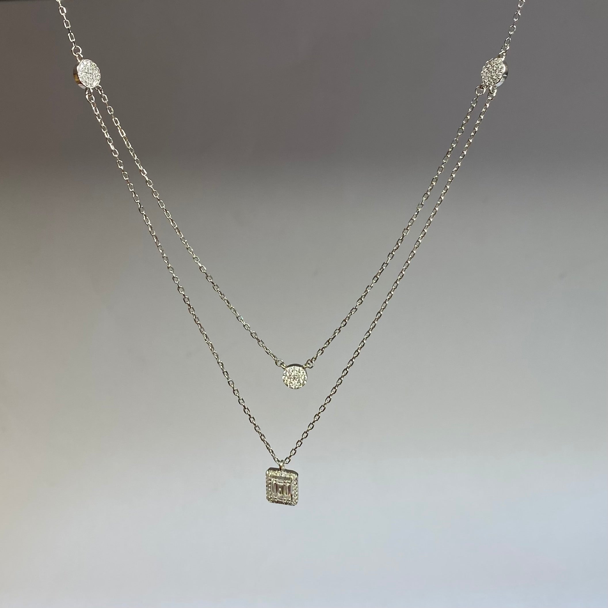 925 Sterling Silver Double Chain Sparkling Geometric Necklace