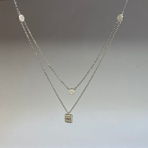 925 Sterling Silver Double Chain Sparkling Geometric Necklace