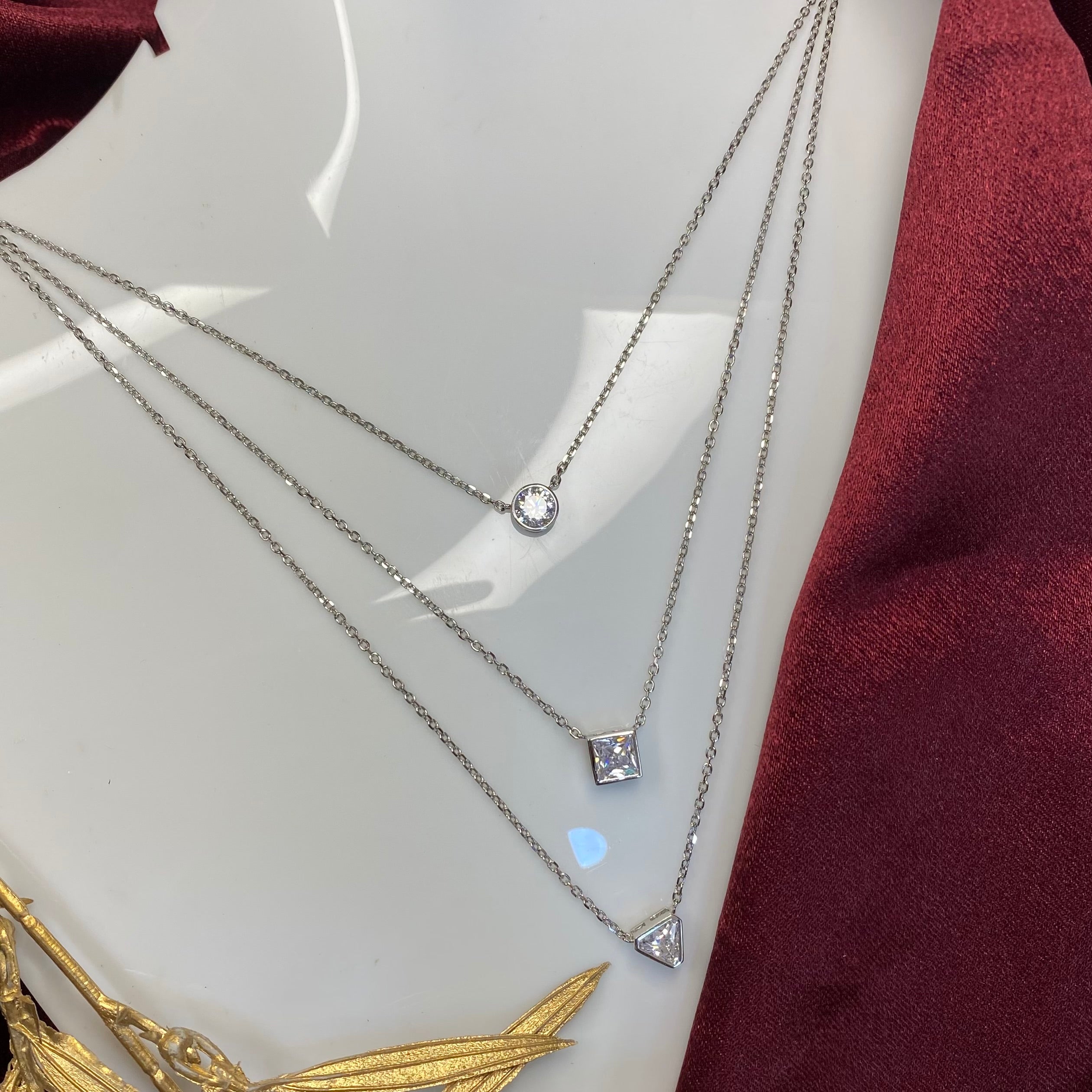925 Sterling Silver Triple Layer Geometric Solitaire Necklace