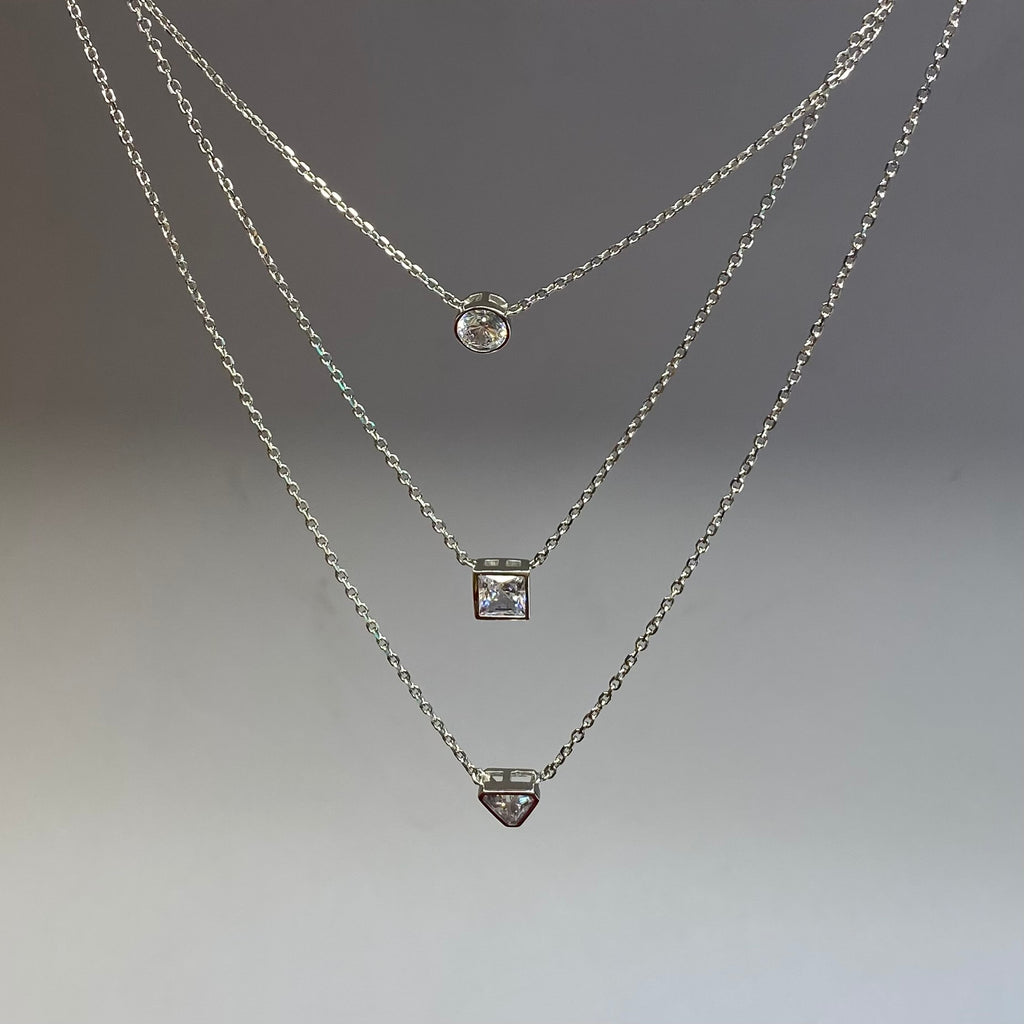 925 Sterling Silver Triple Layer Geometric Solitaire Necklace