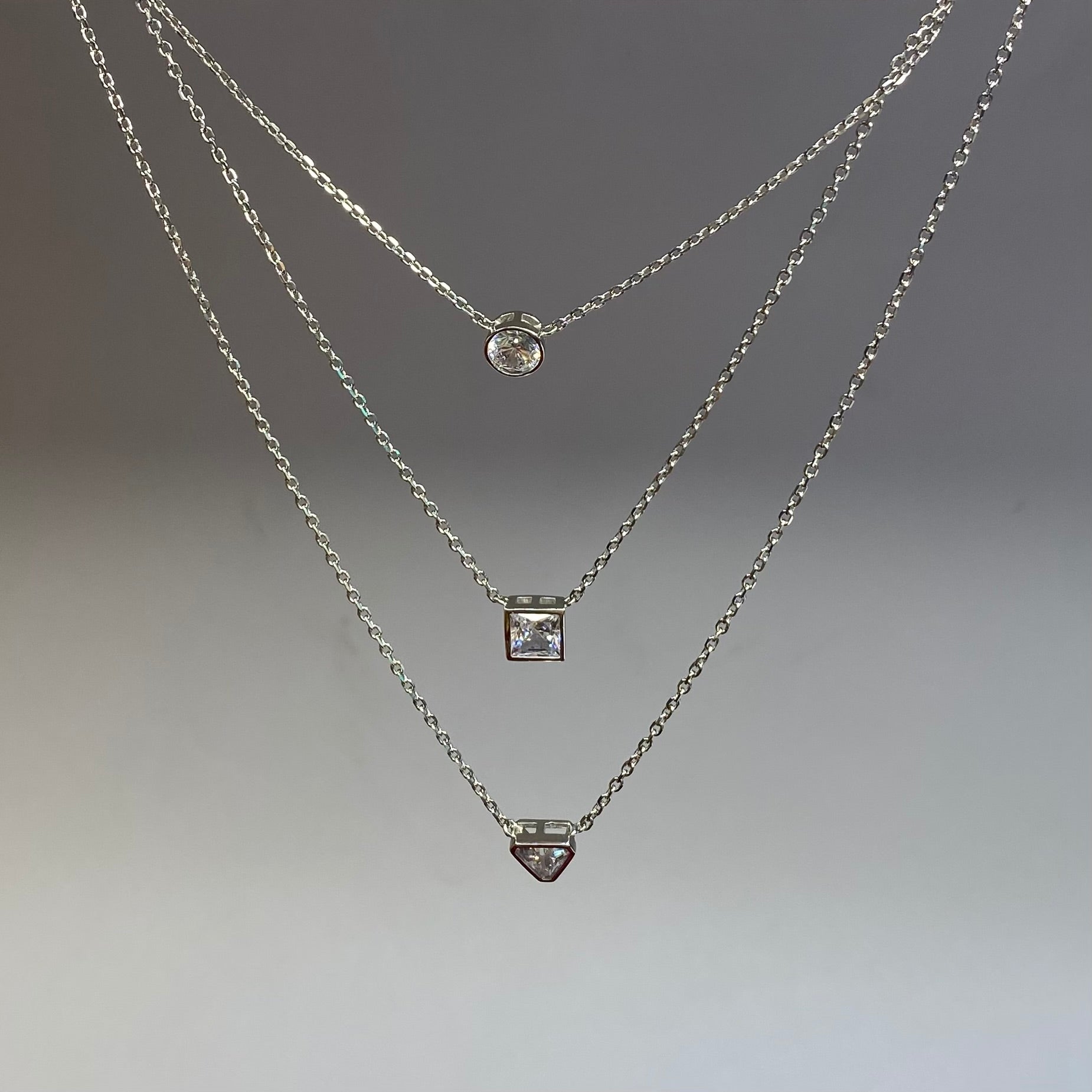 925 Sterling Silver Triple Layer Geometric Solitaire Necklace