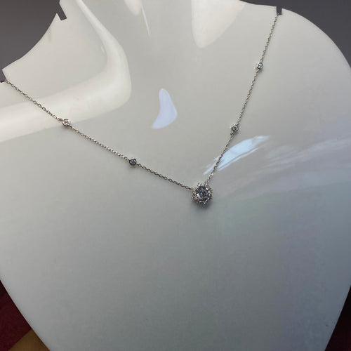 925 Sterling Silver Solitaire Halo Station Necklace