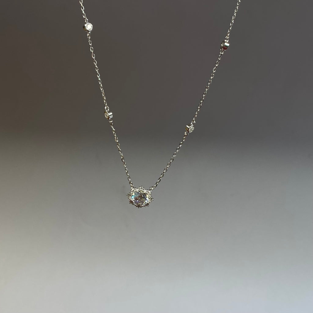 925 Sterling Silver Solitaire Halo Station Necklace