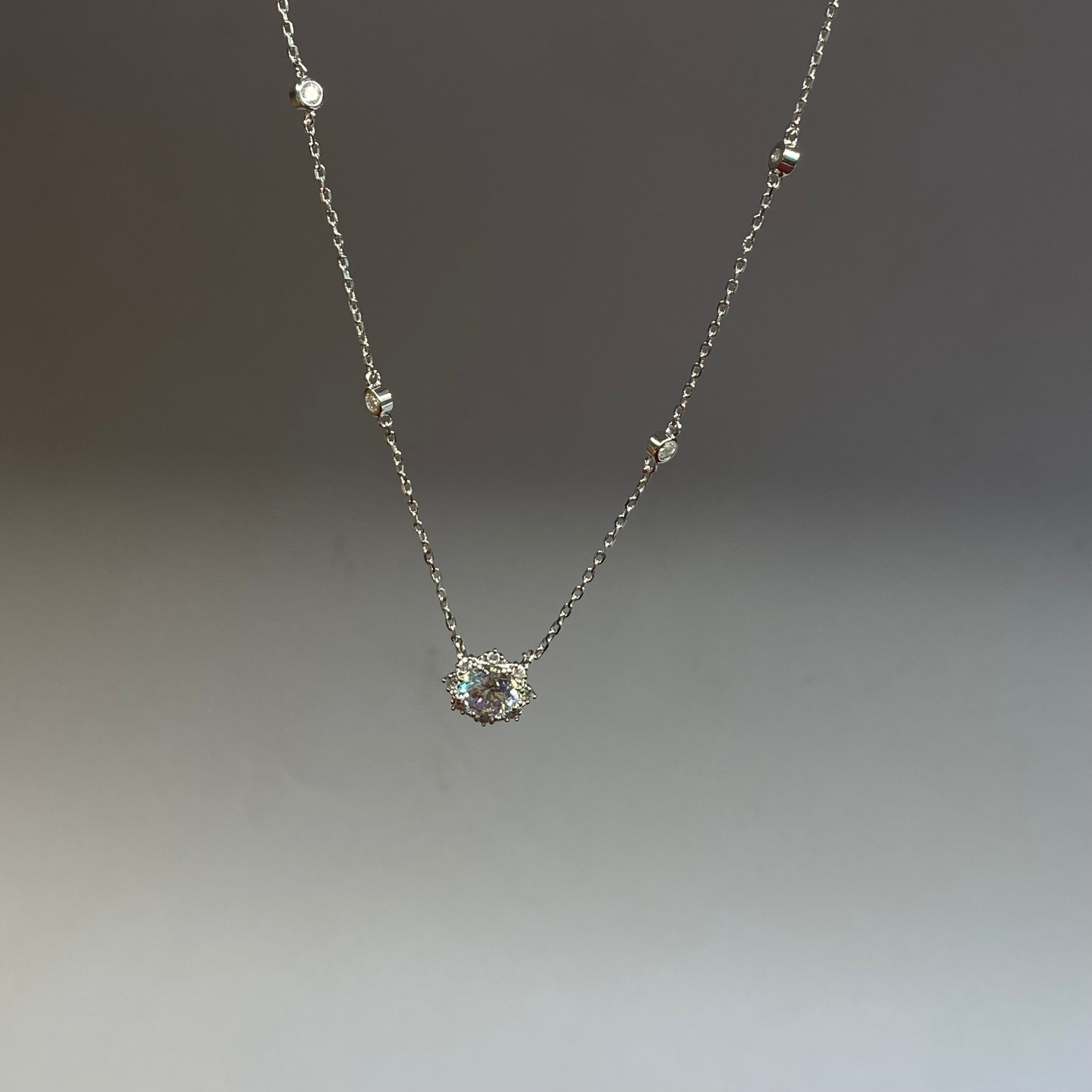 925 Sterling Silver Solitaire Halo Station Necklace