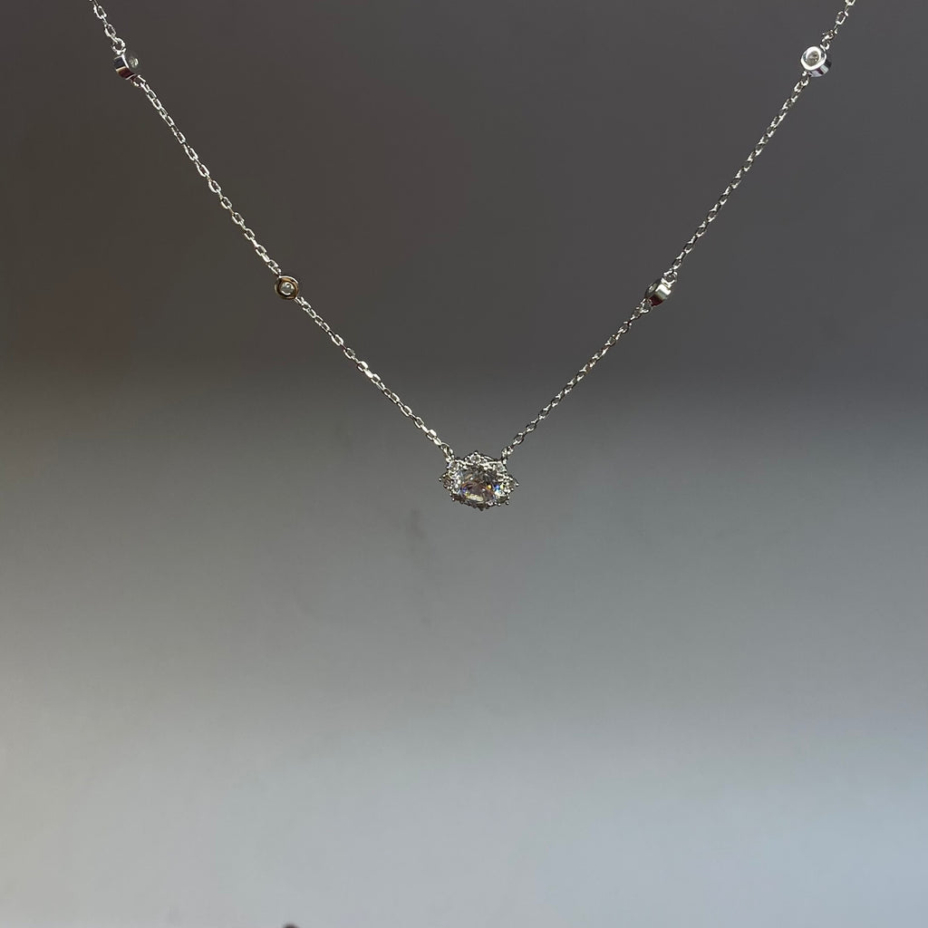 925 Sterling Silver Solitaire Halo Station Necklace