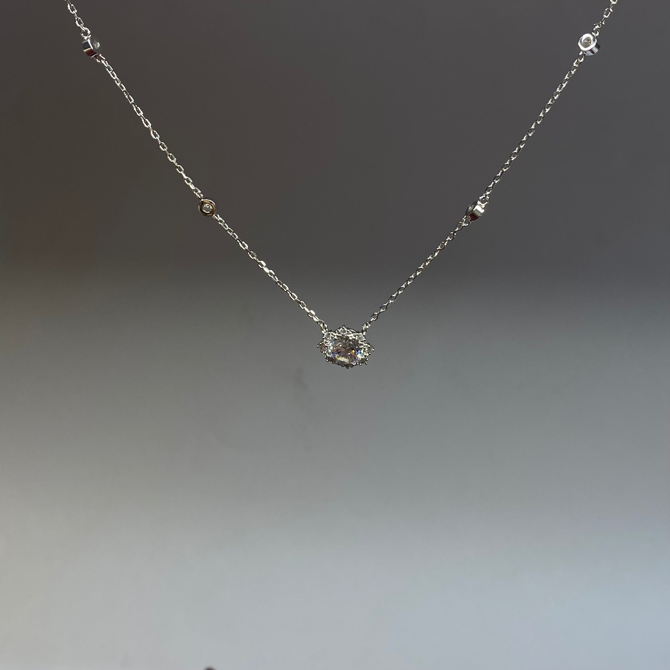 925 Sterling Silver Solitaire Halo Station Necklace