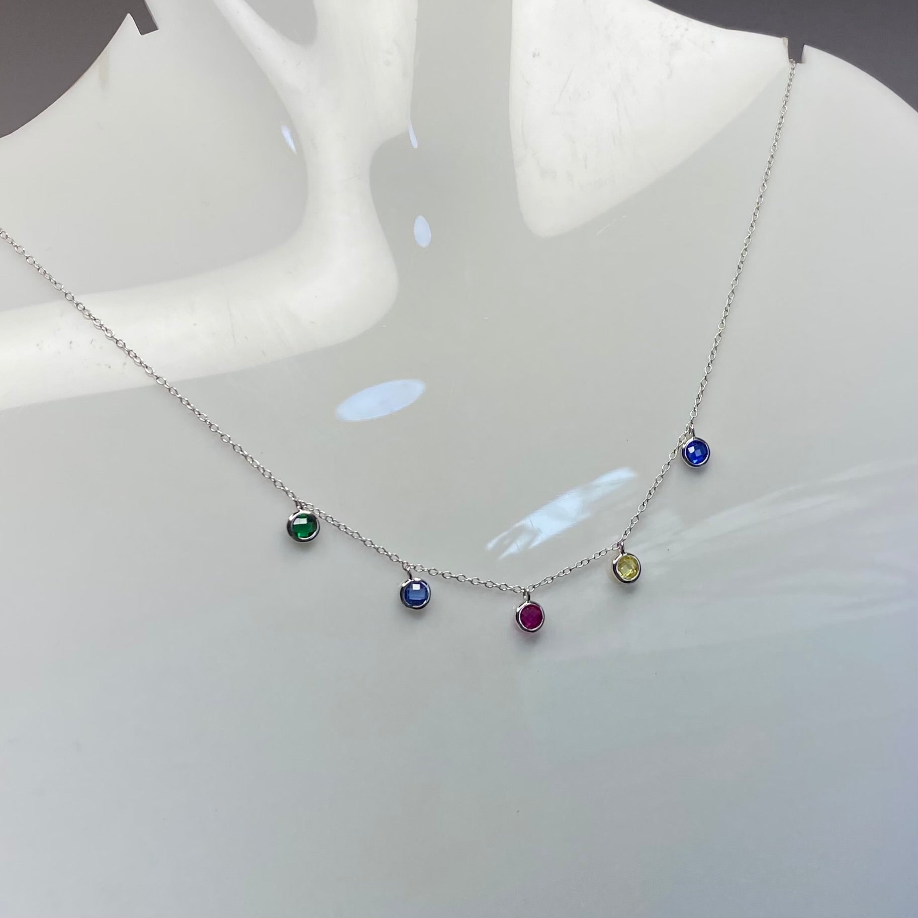 925 Sterling Silver Multicolor Gemstone Station Necklace