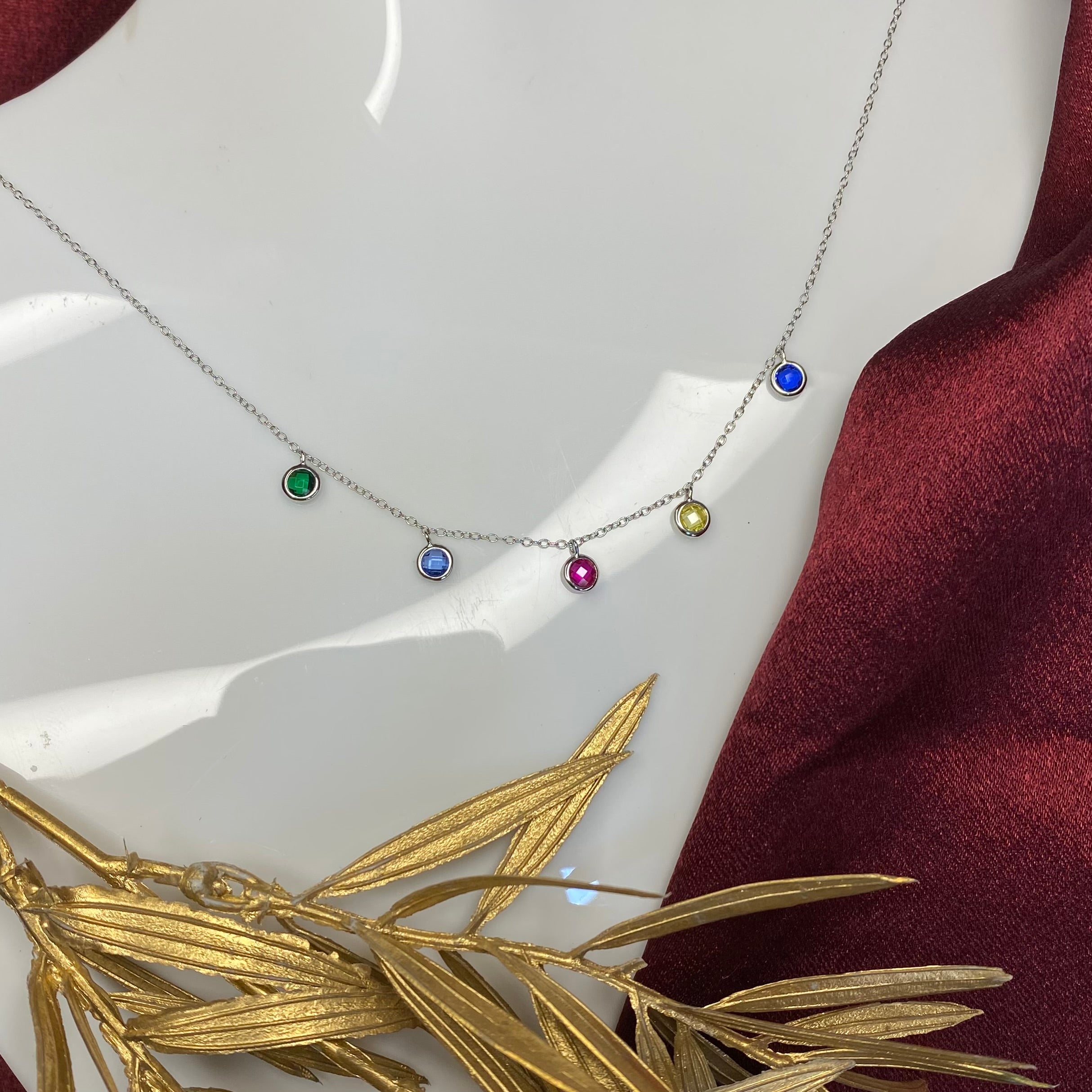 925 Sterling Silver Multicolor Gemstone Station Necklace