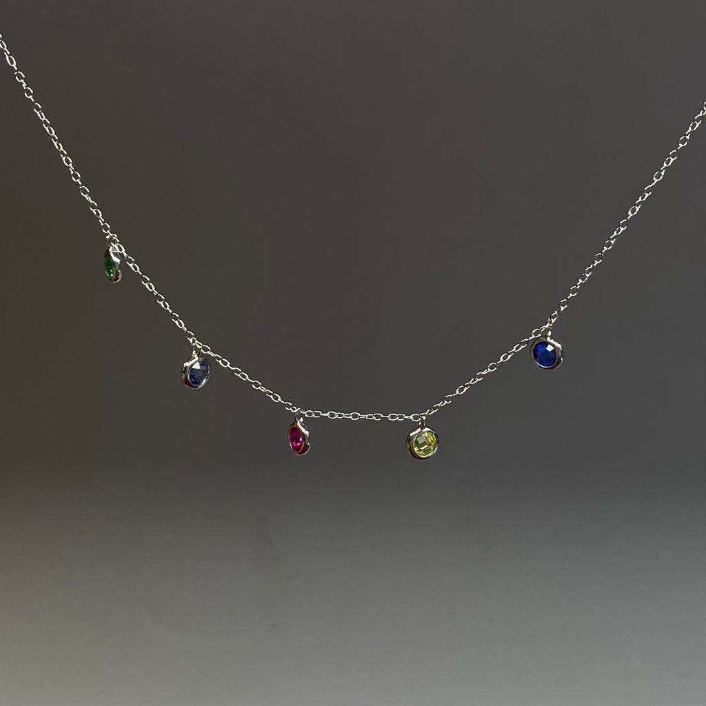 925 Sterling Silver Multicolor Gemstone Station Necklace